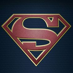 the superman logo is shown in gold and red