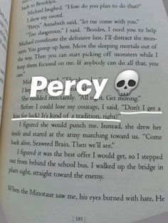 an open book with the words percy written on it and a skull in the middle