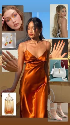 Orange Dress Hairstyle, Rusty Outfit Ideas, Silky Orange Dress, Rust Dress Outfit Wedding, Rust Satin Dress, Orange Dress Styling, Orange Prom Dress Aesthetic, Formal Orange Silk Dress, Orange Silk Dress Outfit