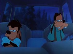 two cartoon characters sitting in the back seat of a car
