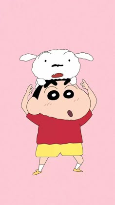 a person with a sheep on top of their head in front of a pink background