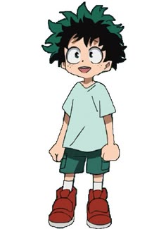 an anime character with black hair and green leaves on his head, wearing red shoes