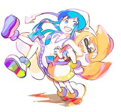 a drawing of a girl with blue hair holding a bag and walking away from the camera