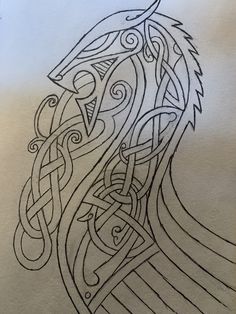 a drawing of a wolf's head with intricate lines