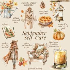 a watercolor painting of autumn items and their names