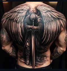 One Peice Tatoo, Back Tattoo Men Angel Wings, Tattoo Designs Back For Man, Sleeve Tattoos God, Back Cover Up Tattoos Men, Full Back Tattoos For Guys, Back Tattoos For Guys Angel, Men Full Back Tattoo, Protector Of Children Tattoo