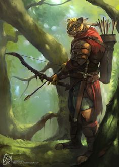 a painting of a man in armor holding a bow and arrow with a tiger on his back