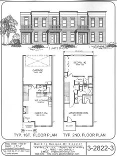 two story townhouse plans are shown in the above image, and below one floor plan