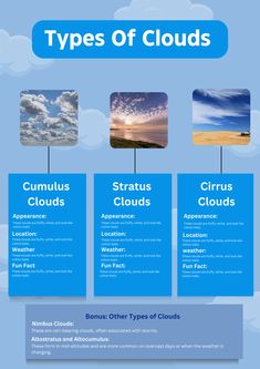 the different types of clouds that can be seen in this infographtion page, which includes