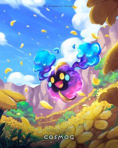 an animated cartoon character flying through the air with blue and yellow clouds in the background