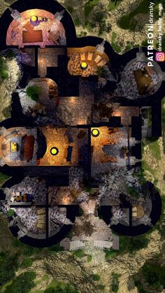 an aerial view of a house in the middle of a forest with lots of trees