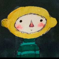 a child's drawing of a person wearing a green and blue striped shirt with a yellow hat