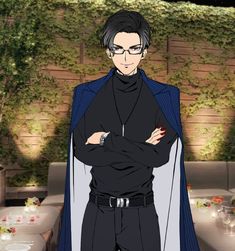 an anime character standing in front of a table