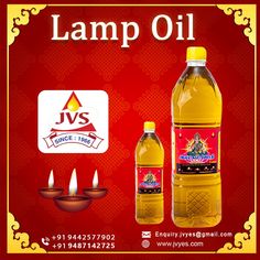 a bottle of oil and some candles on a red background with the words lamp oil