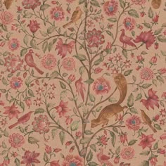 an ornate floral wallpaper with birds and flowers on pink background, from the late 19th century