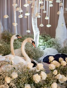 two white swans surrounded by flowers and greenery in front of a chandelier