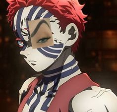 an anime character with red hair and blue eyes looking at the camera while wearing a striped shirt