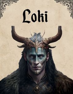 an image of a man with horns on his head and the words loki written above him