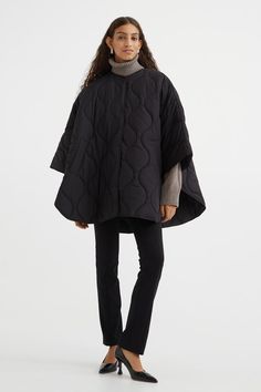 Quilted Cape with Scarf - Black - Ladies | H&M US Winter Oversized Cotton Poncho, Oversized Black Cape For Cold Weather, Quilted Cape, Quilted Poncho, Oversized Black Cape For Layering, Quilted Cape Coat, Puffer Cape Coat, Puffer Cape, Oversized Winter Poncho Cape