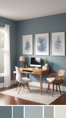 a home office with blue walls, white chairs and pictures on the wall above it