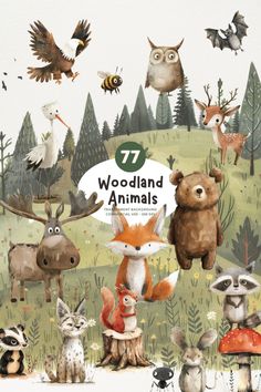 an illustrated book with animals and birds in the background, including deers, raccoons