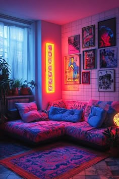 a living room filled with furniture and colorful lighting