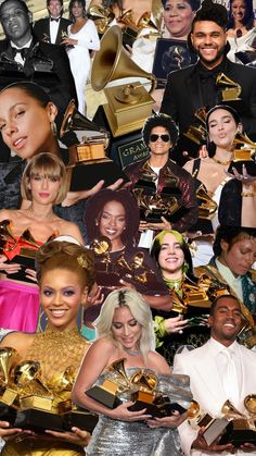 the collage shows many different people holding awards