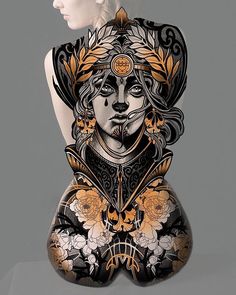 a woman's body is covered in an intricately designed piece of art, including the head and shoulders