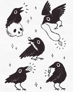 black and white drawing of birds with skulls on their backs, one is holding a knife