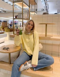 Yellow Sweater Spring Outfit, Yellow Cardigan Outfit Spring, Butter Yellow Sweater Outfit, Yellow Cardigan Outfit, Butter Yellow Fall Outfit, Light Yellow Cardigan Outfit, Lemon Cardigan Outfit, Pastel Yellow Cardigan Outfit, Colorful Cardigan Outfit Aesthetic