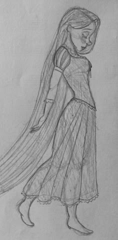 a drawing of a girl with long hair in a dress and cape on her head