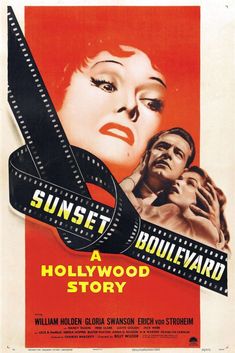 a movie poster for sunset boulevard starring two actors, one holding a large pair of scissors