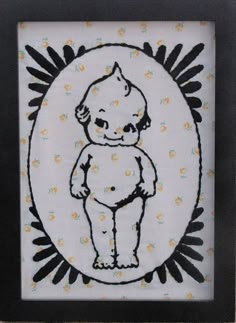 a black and white drawing of a baby in a frame