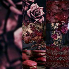 a collage of images with red and pink flowers, laces, macaroons