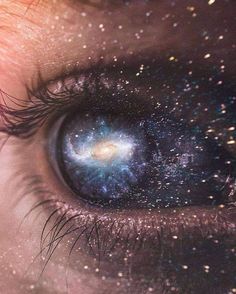 an eye with stars all over it and the iris opened to see something in the sky