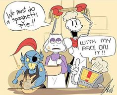 two cartoon characters are talking to each other and one is holding a frying pan