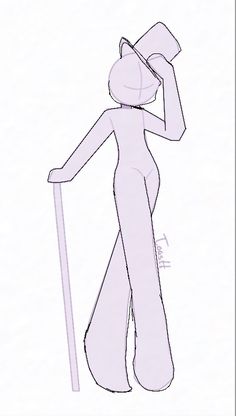 a drawing of a woman with a hat and holding a cane in one hand while standing on the other