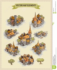 an old town map with lots of different buildings and trees on it, including the top one