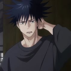 an anime character with black hair and blue eyes