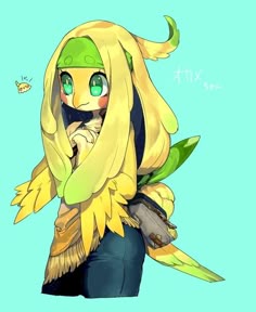 a drawing of a woman with long blonde hair and green eyes wearing a yellow outfit