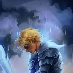 a painting of a young man with blonde hair and blue shirt holding an umbrella in the rain