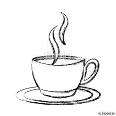 a cup of coffee on a saucer with steam rising from the top, hand drawn