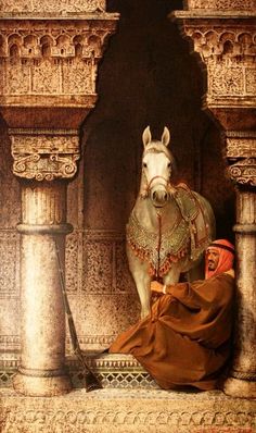 a painting of a man sitting next to a white horse in an ornate building with columns