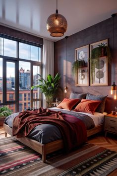 a bedroom with a large bed and lots of plants on the windows sill above it