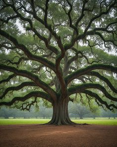 a large tree with lots of leaves on it's branches in the middle of a field