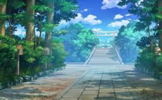 an anime scene with stairs leading to the sky and trees on either side of the walkway