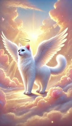 a white cat with angel wings in the sky