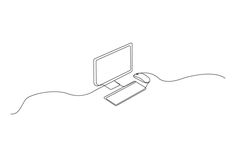a line drawing of a computer monitor and mouse connected to each other on a white background