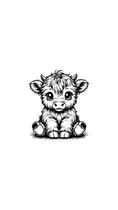 a black and white drawing of a baby cow sitting on the ground with it's eyes closed