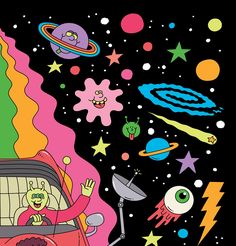 an image of a cartoon car with space and stars in the background, as well as other objects